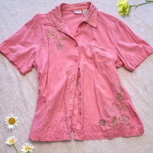Vintage 90’s - 00’s Pink Linen Button Down Lounge Top